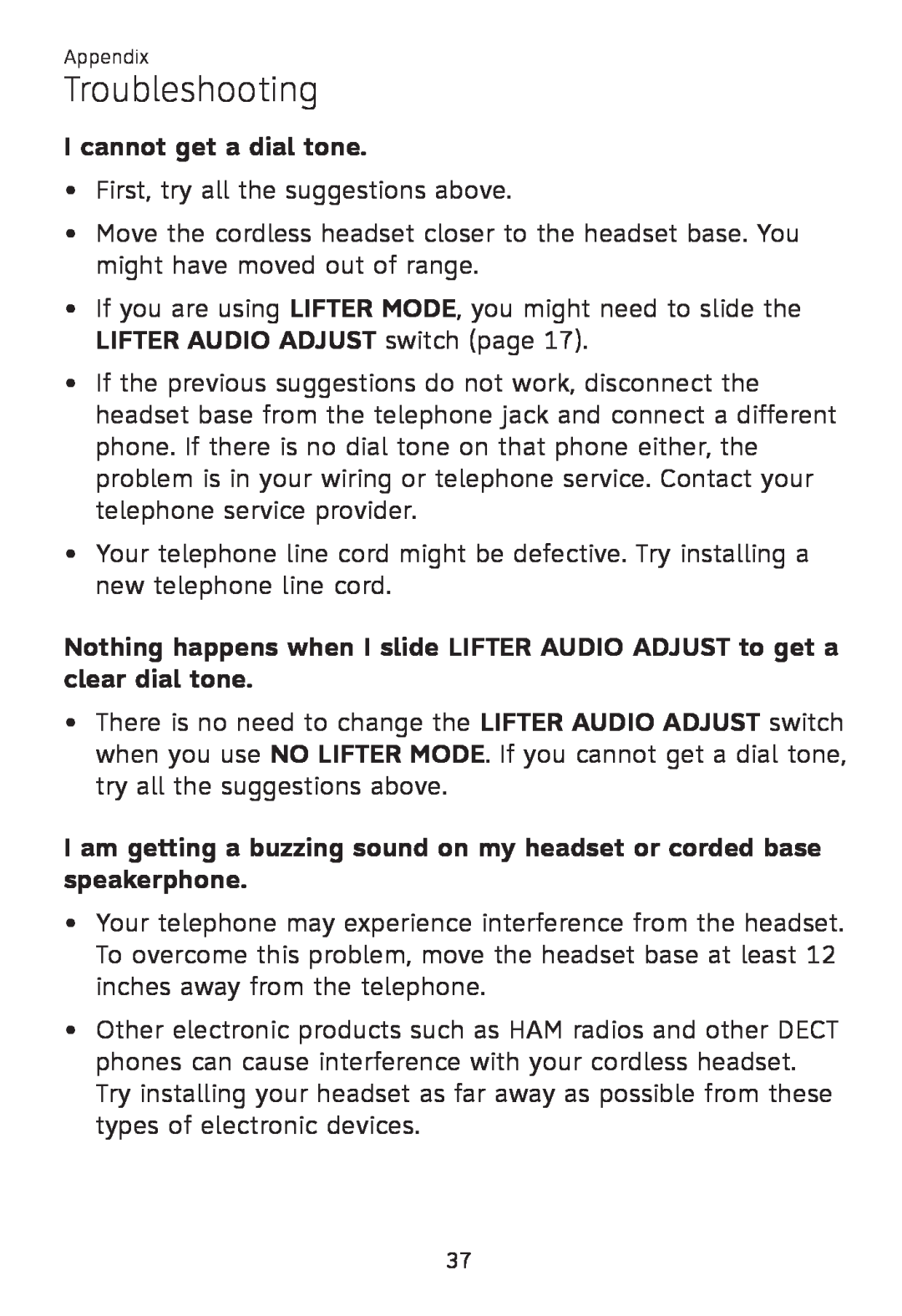 AT&T TL 7610 user manual I cannot get a dial tone, Troubleshooting 