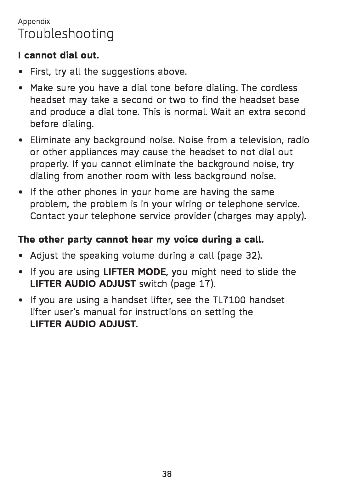 AT&T TL 7610 I cannot dial out, The other party cannot hear my voice during a call, Lifter Audio Adjust, Troubleshooting 
