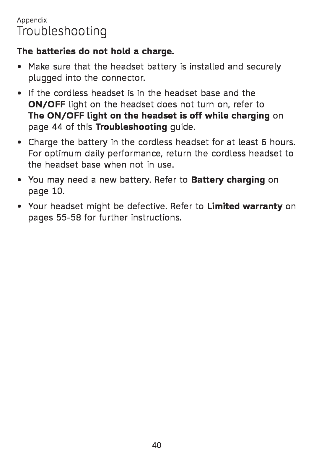 AT&T TL 7610 user manual The batteries do not hold a charge, Troubleshooting 