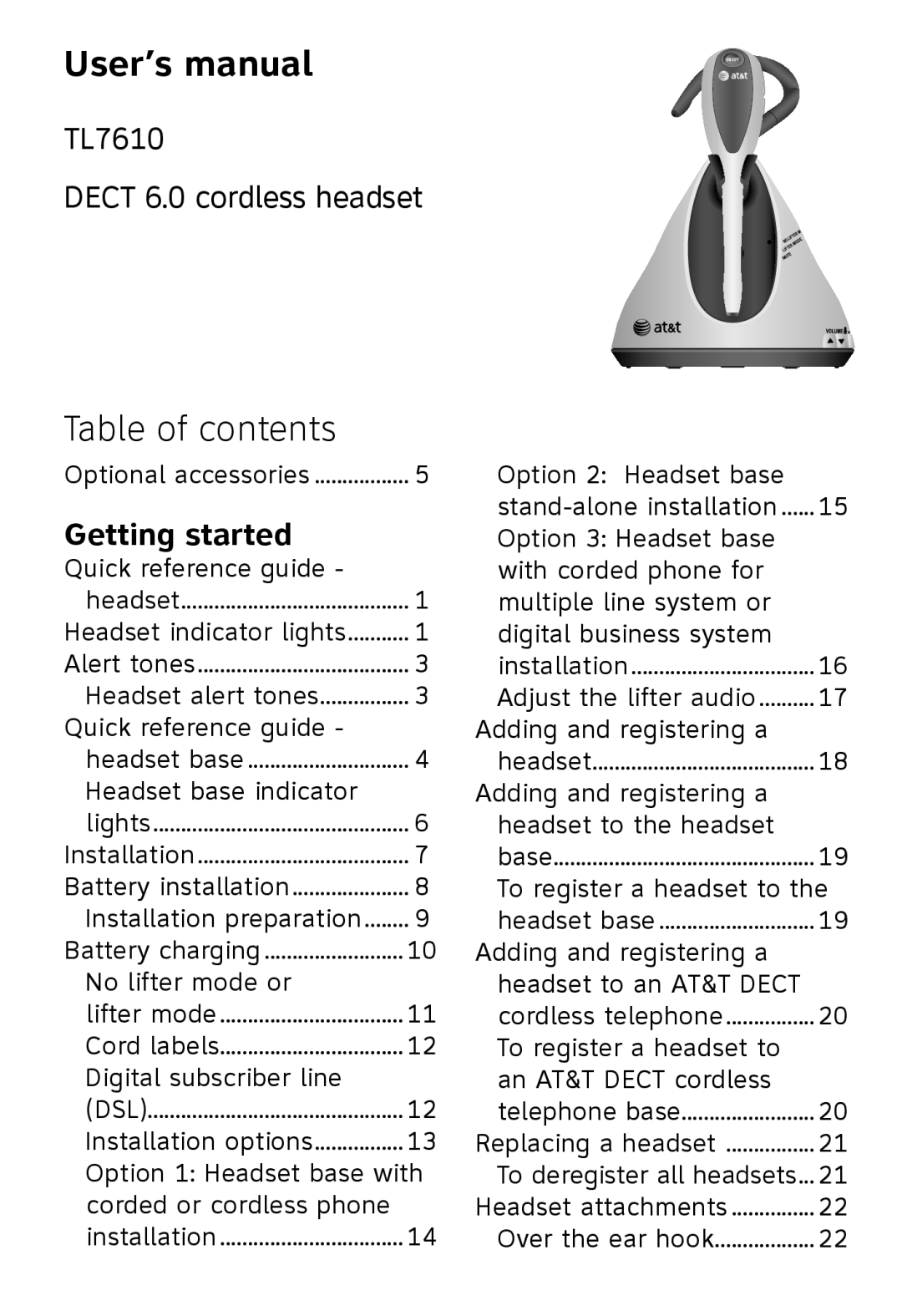 AT&T TL 7610 user manual User’s manual, Table of contents, Getting started, TL7610 DECT 6.0 cordless headset 