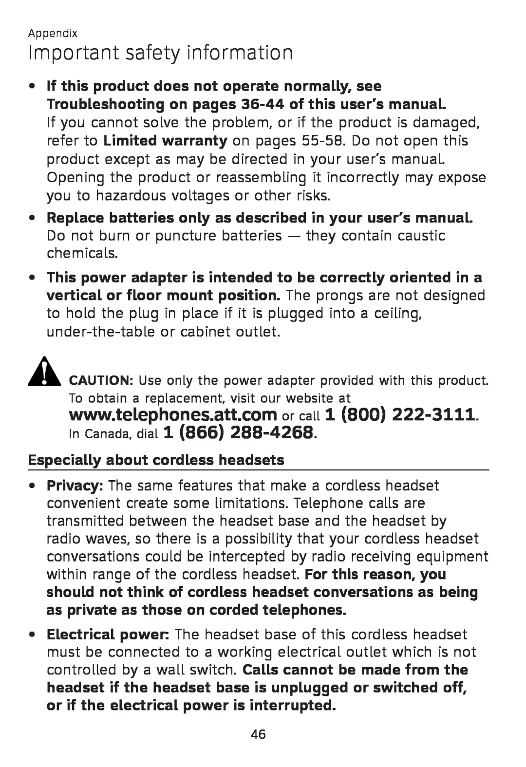 AT&T TL 7610 user manual Especially about cordless headsets, Important safety information 