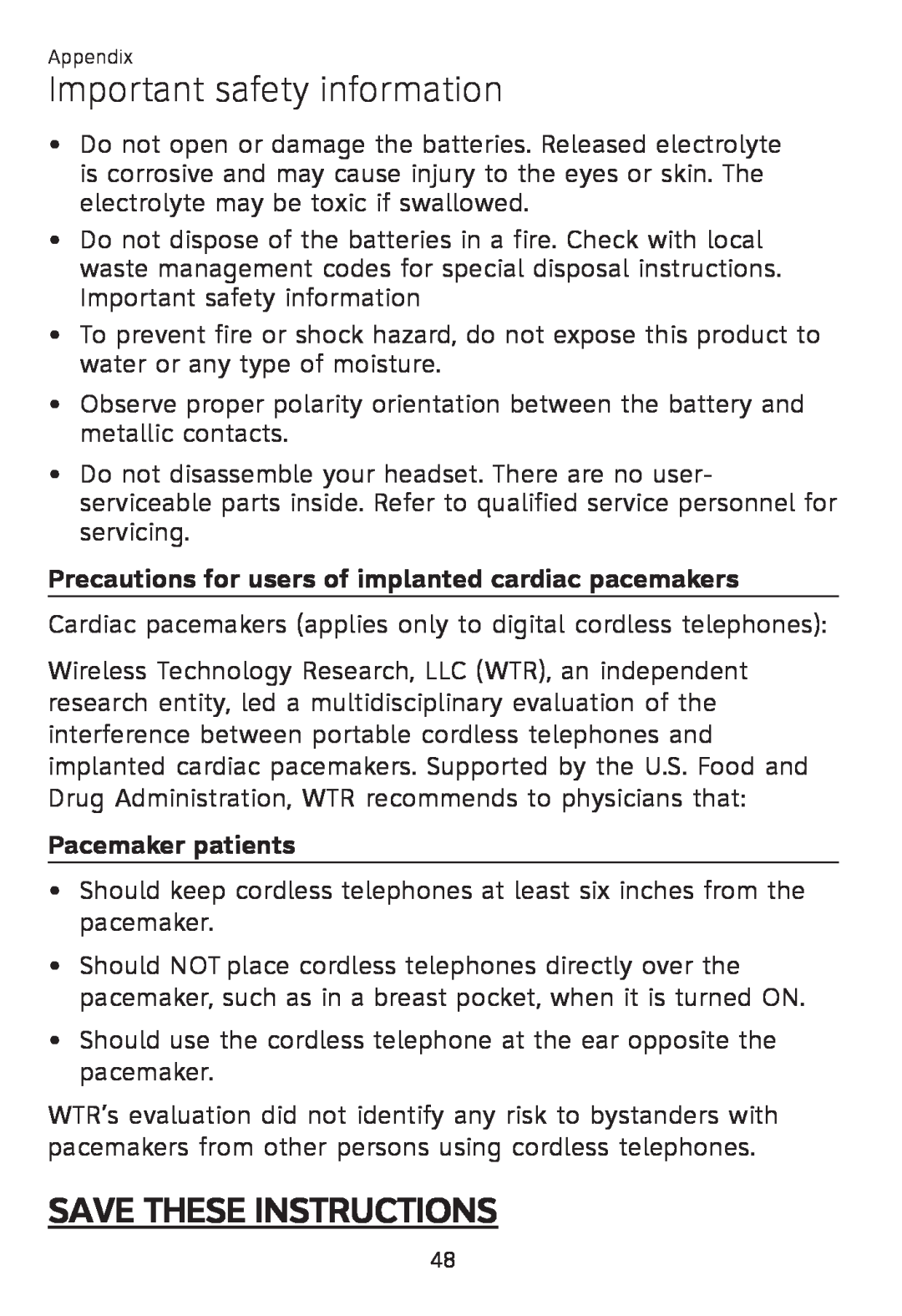 AT&T TL 7610 user manual Save These Instructions, Precautions for users of implanted cardiac pacemakers, Pacemaker patients 