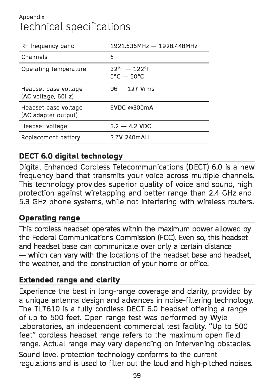 AT&T TL 7610 user manual Technical specifications, DECT 6.0 digital technology, Operating range, Extended range and clarity 
