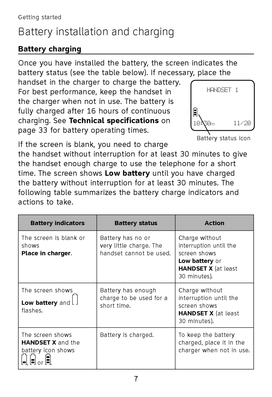 AT&T TL30100, TL32300, TL32100, TL32200 user manual Battery charging, Charging. See Technical specifications on 