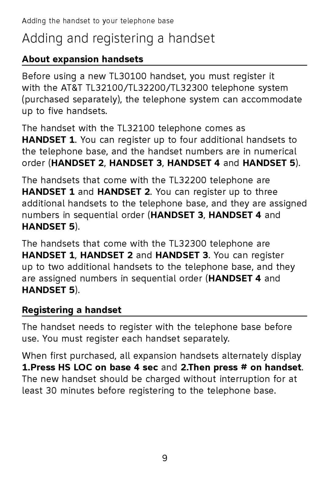 AT&T TL32100, TL32300, TL32200, TL30100 Adding and registering a handset, About expansion handsets, Registering a handset 