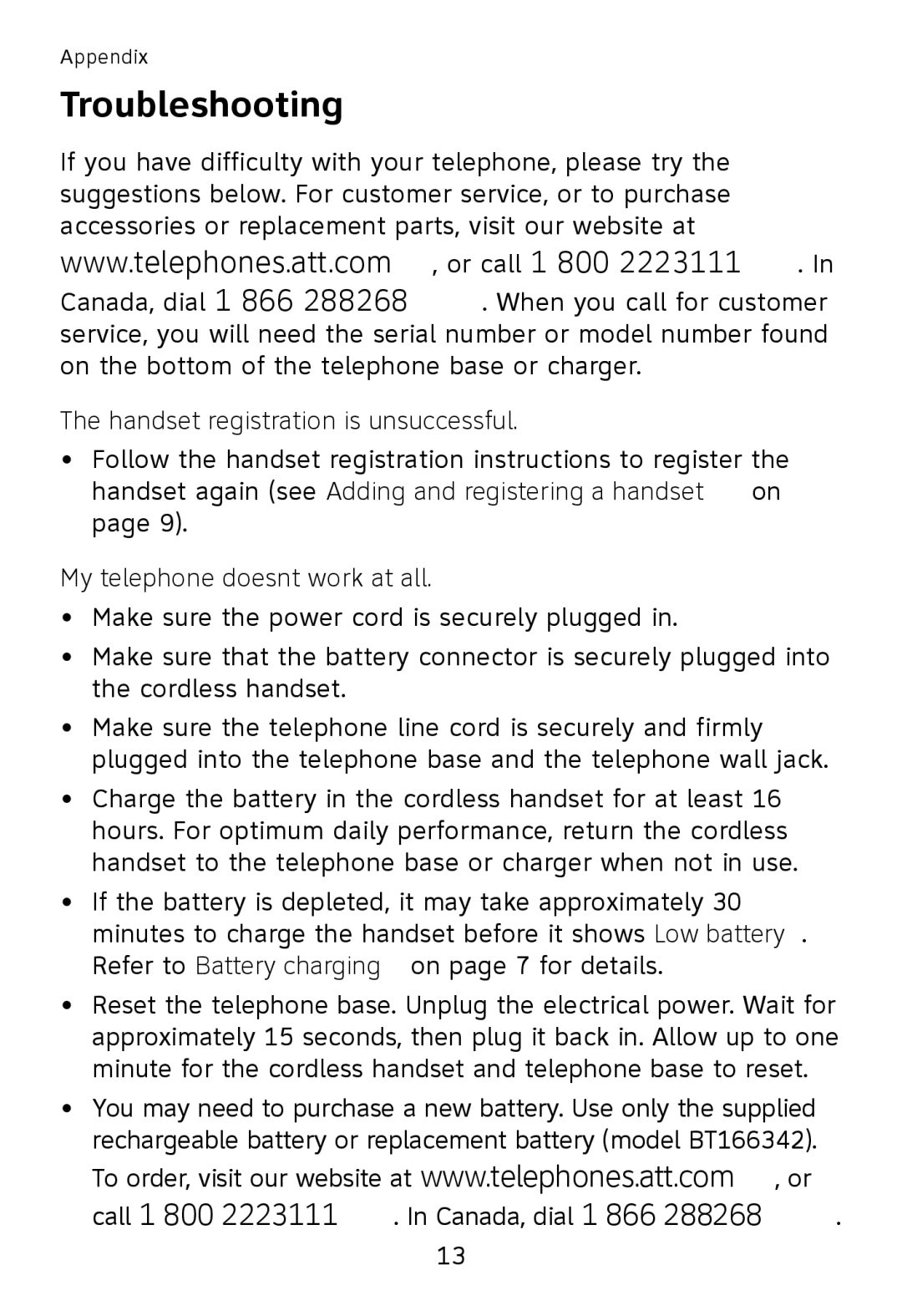 AT&T TL32100, TL32300, TL32200 Troubleshooting, Handset registration is unsuccessful, My telephone doesn’t work at all 