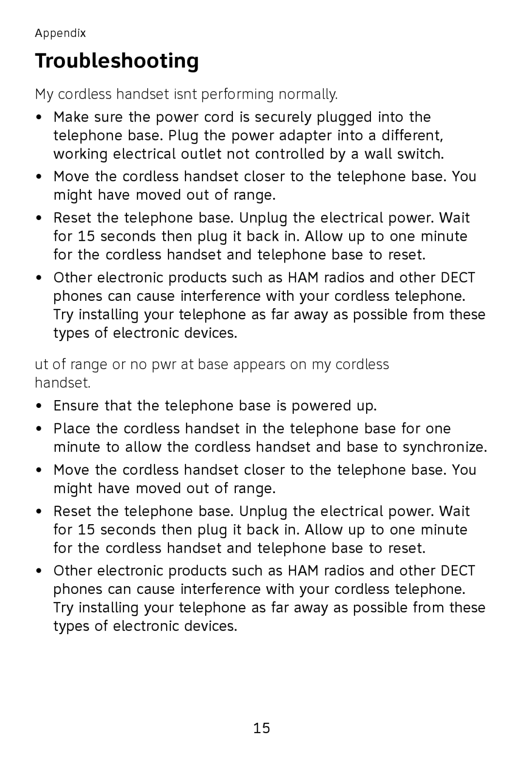 AT&T TL30100, TL32300, TL32100, TL32200 user manual My cordless handset isn’t performing normally 