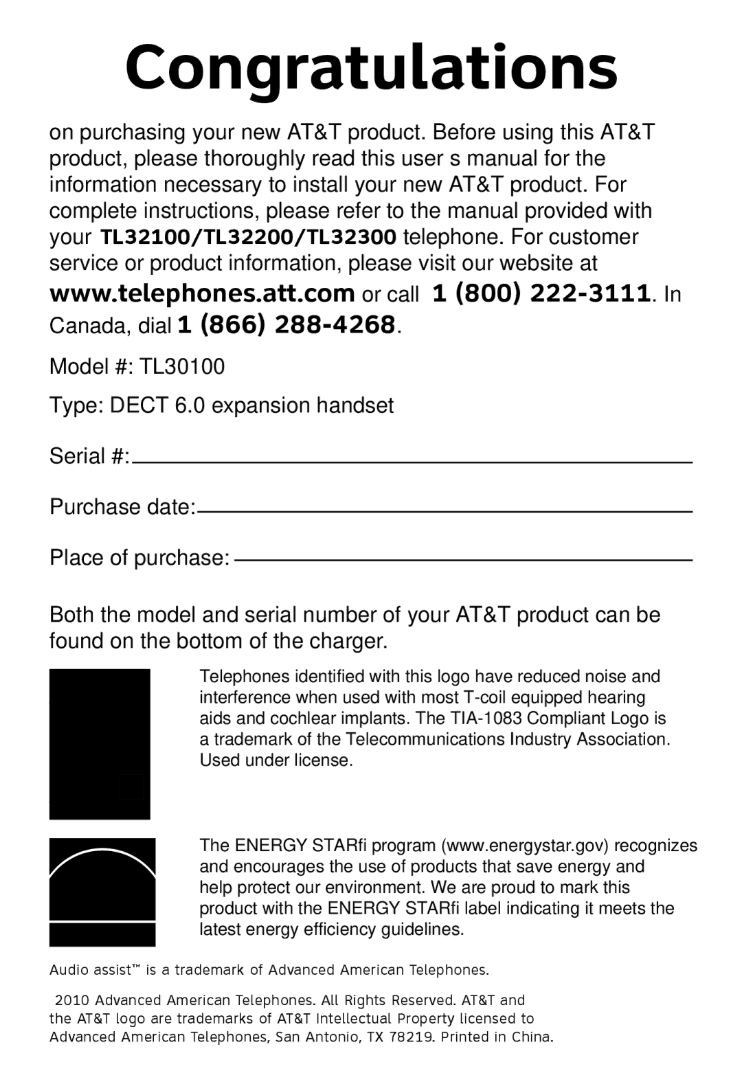 AT&T TL32200, TL32300, TL32100, TL30100 user manual Congratulations 