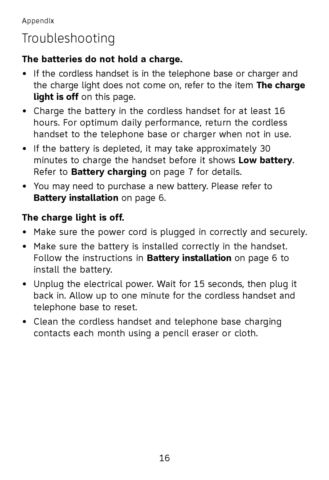 AT&T TL32300, TL32100, TL32200, TL30100 user manual Batteries do not hold a charge, Charge light is off 