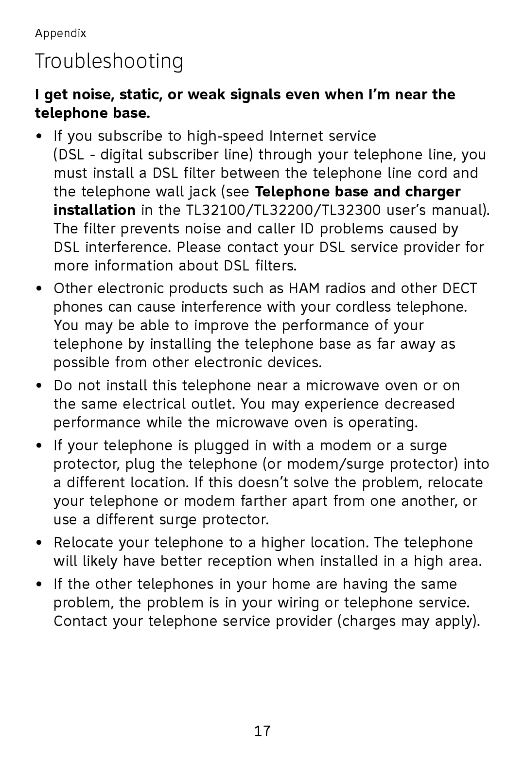 AT&T TL32100, TL32300, TL32200, TL30100 user manual Troubleshooting 