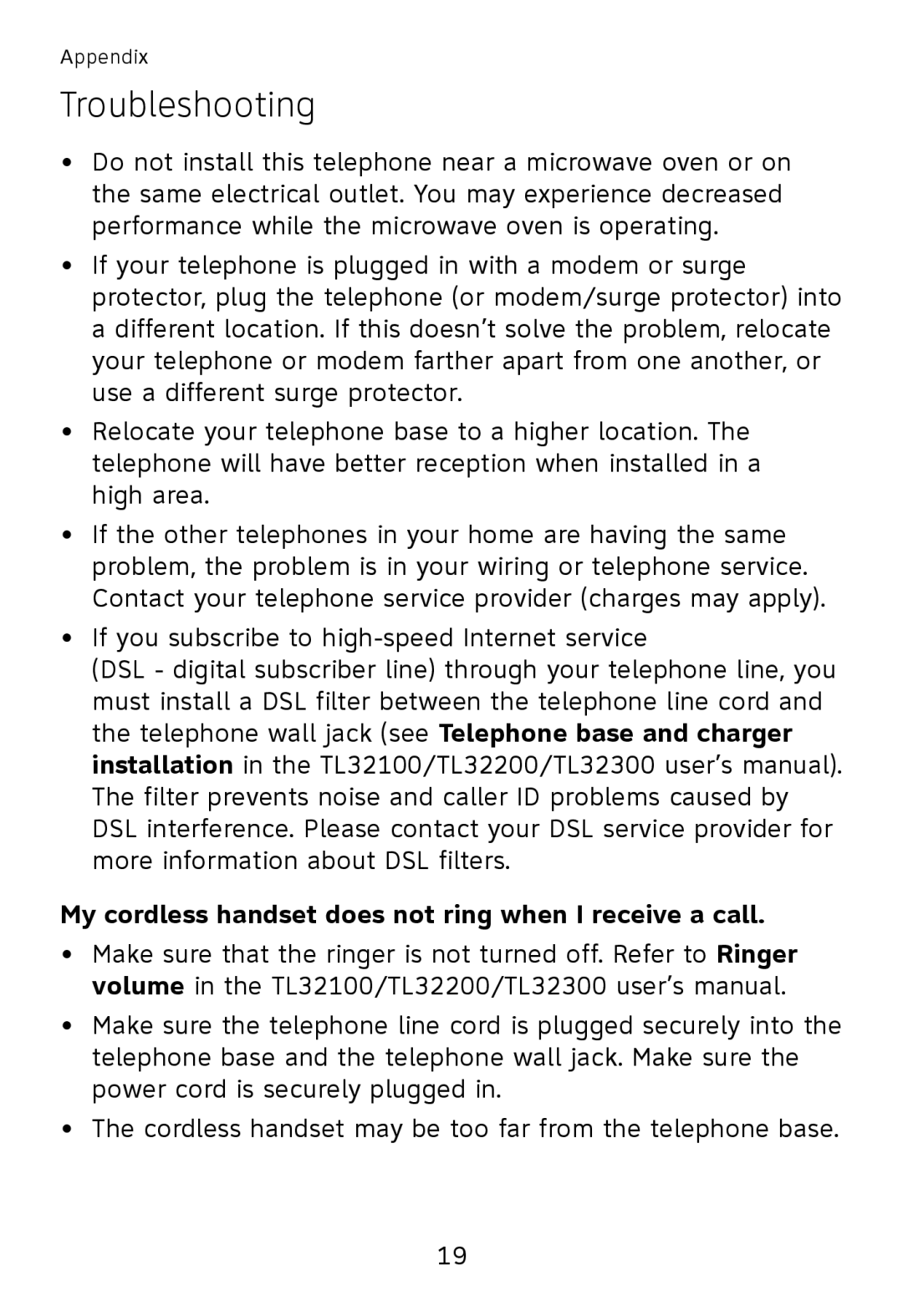 AT&T TL30100, TL32300, TL32100, TL32200 user manual My cordless handset does not ring when I receive a call 