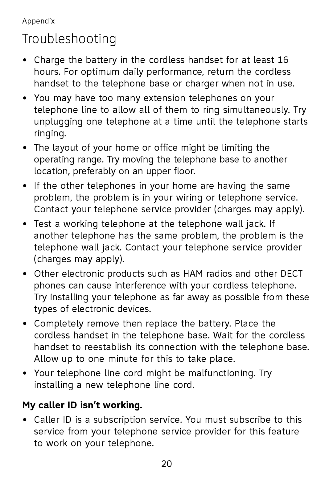 AT&T TL32300, TL32100, TL32200, TL30100 user manual My caller ID isn’t working 