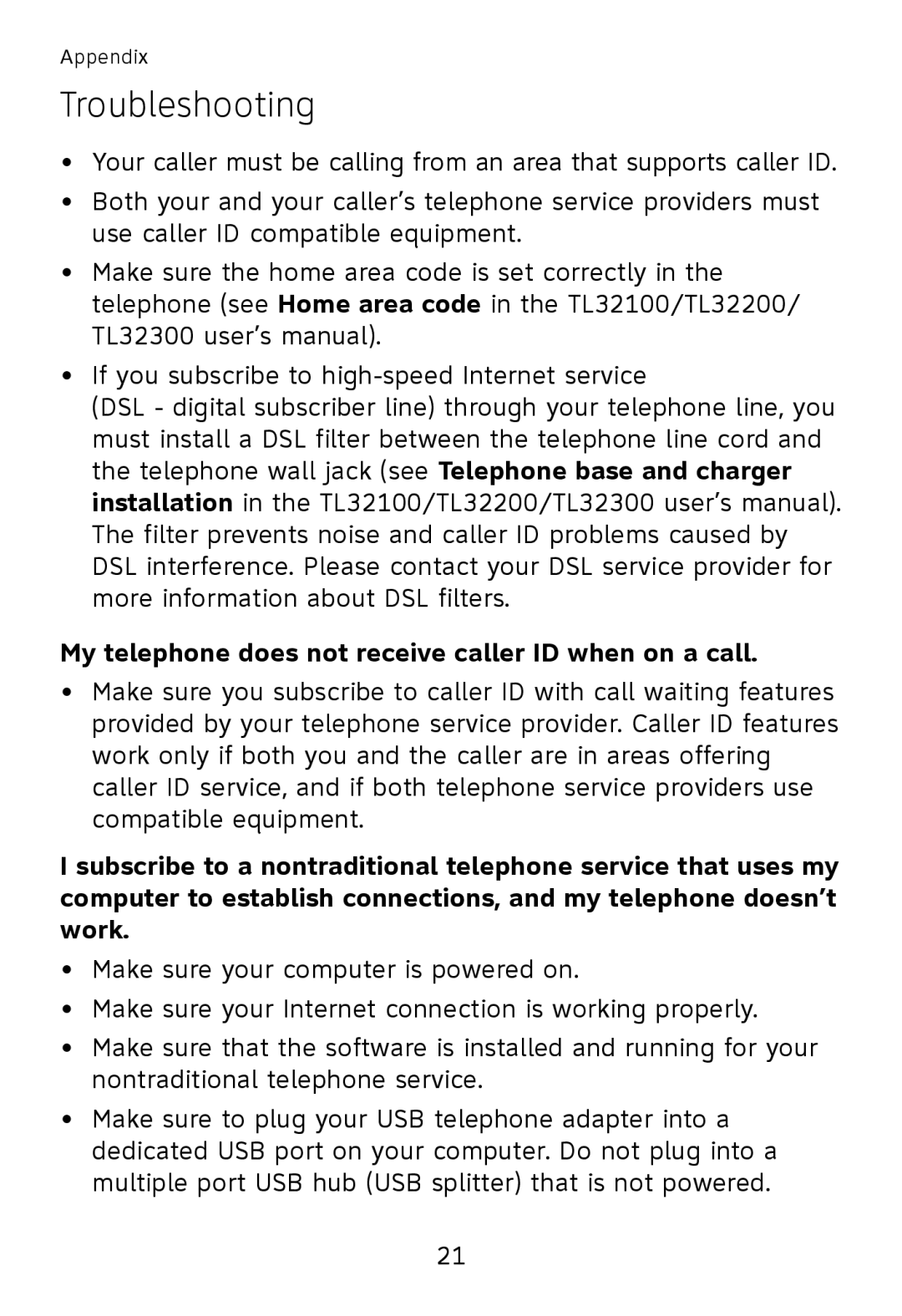 AT&T TL32100, TL32300, TL32200, TL30100 user manual My telephone does not receive caller ID when on a call 