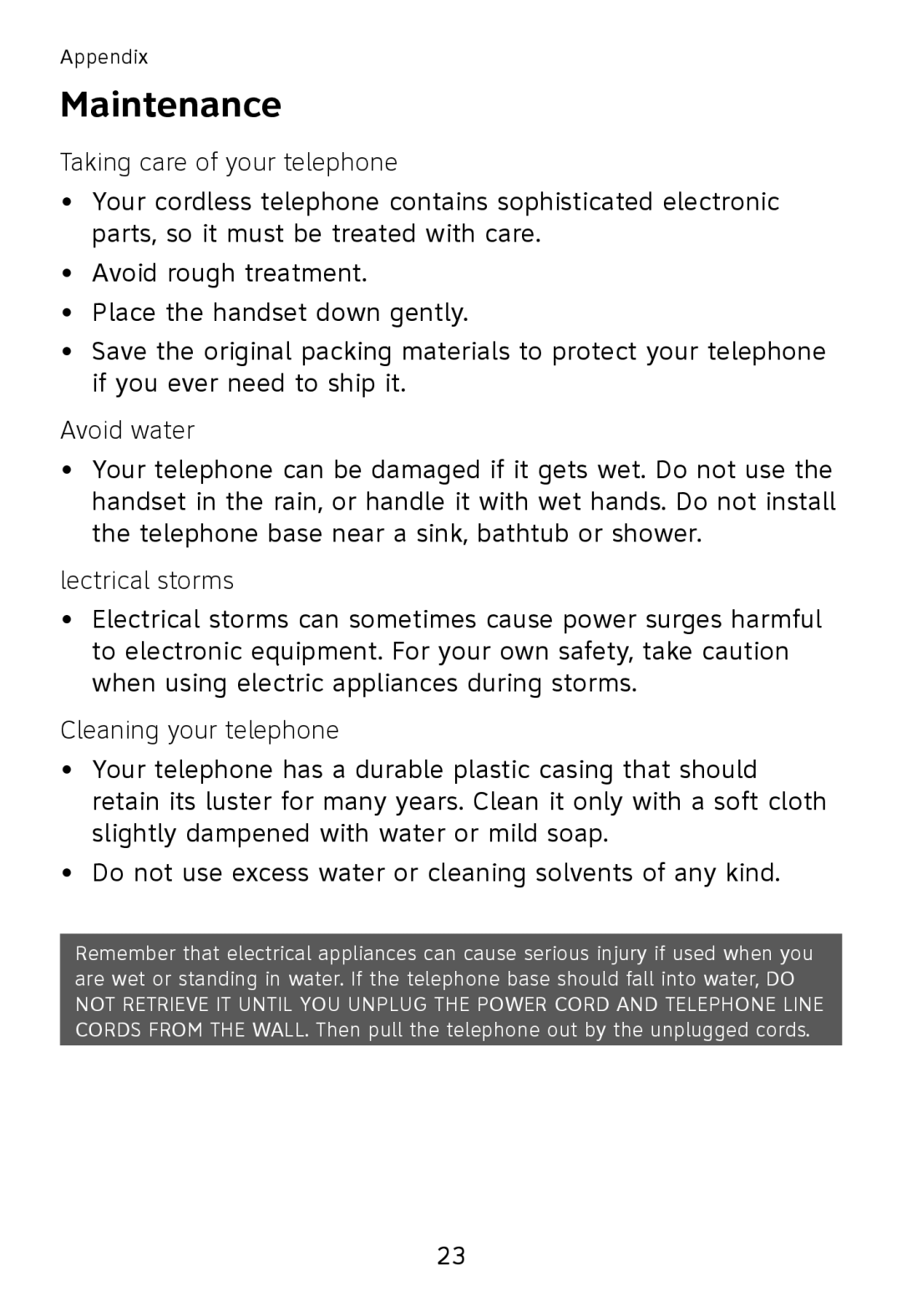 AT&T TL30100, TL32300 Maintenance, Taking care of your telephone, Avoid water, Electrical storms, Cleaning your telephone 