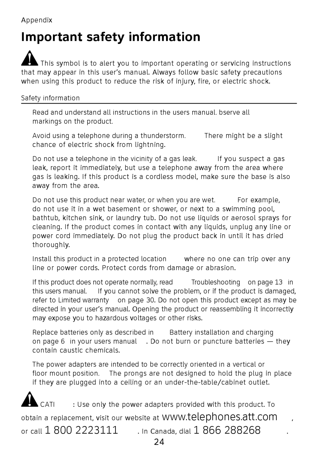 AT&T TL32300, TL32100, TL32200, TL30100 user manual Important safety information 