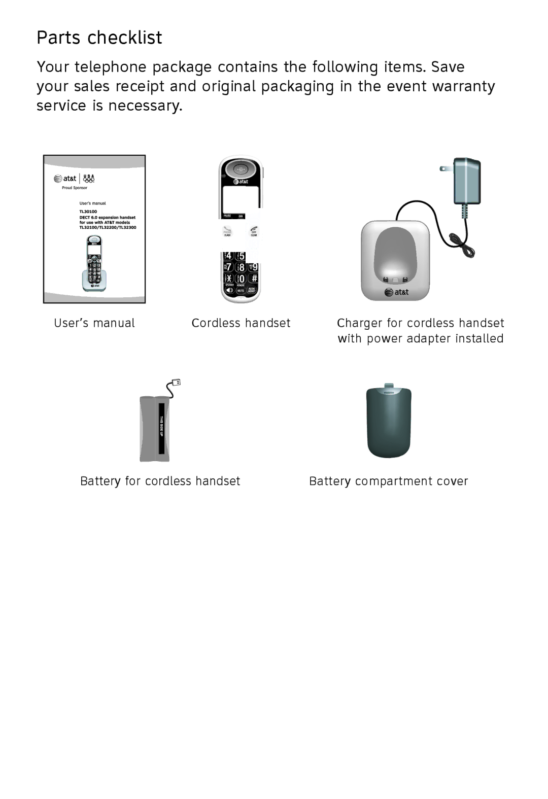 AT&T TL30100, TL32300, TL32100, TL32200 user manual Parts checklist 