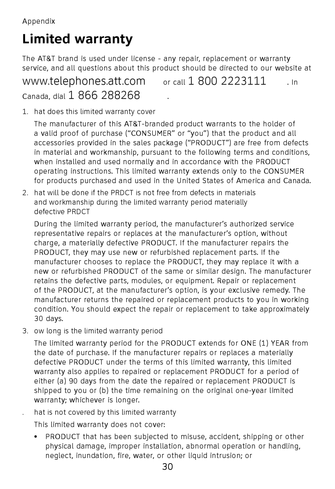 AT&T TL32200, TL32300 Limited warranty, What does this limited warranty cover?, How long is the limited warranty period? 