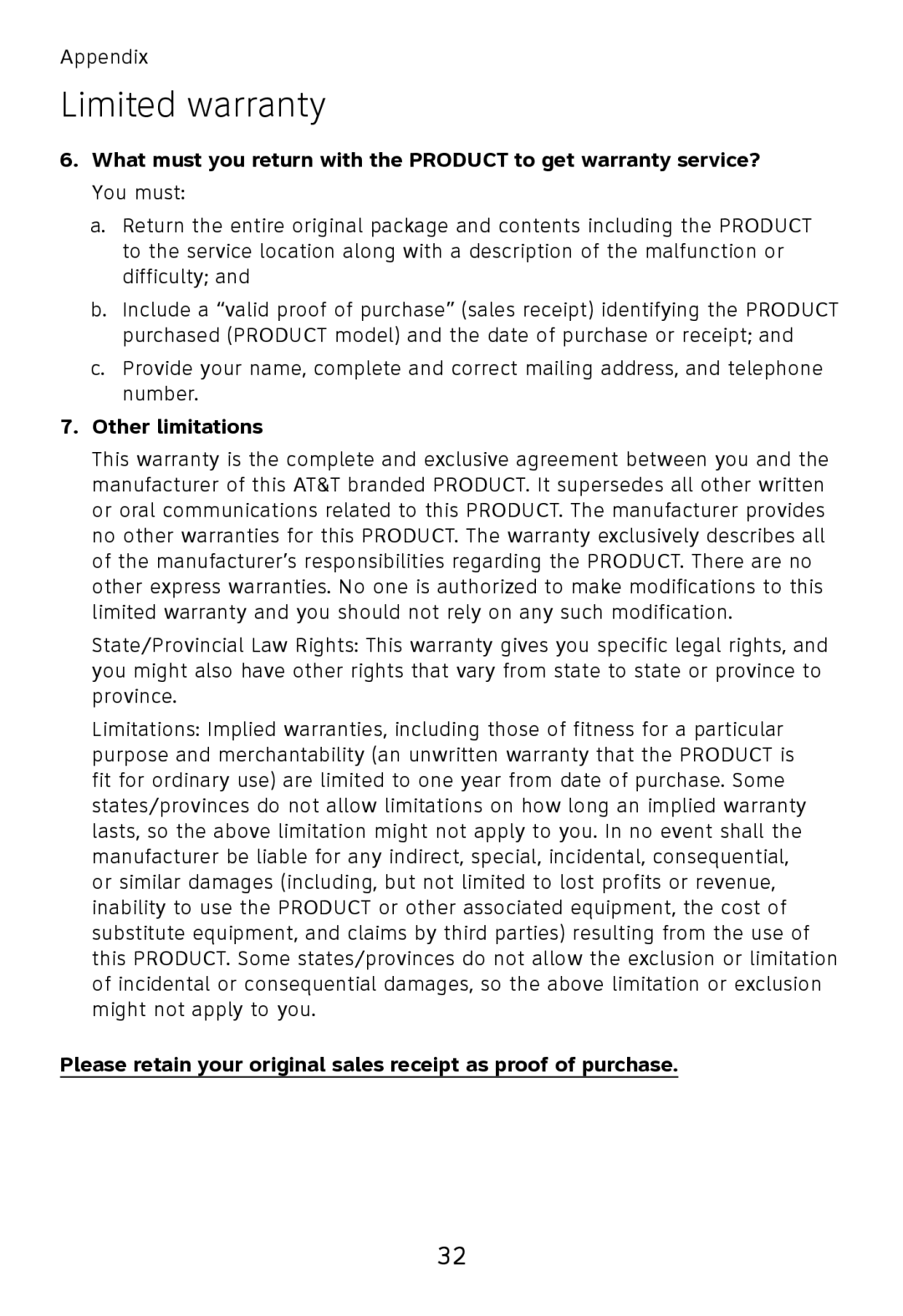 AT&T TL32300, TL32100, TL32200, TL30100 user manual Other limitations 