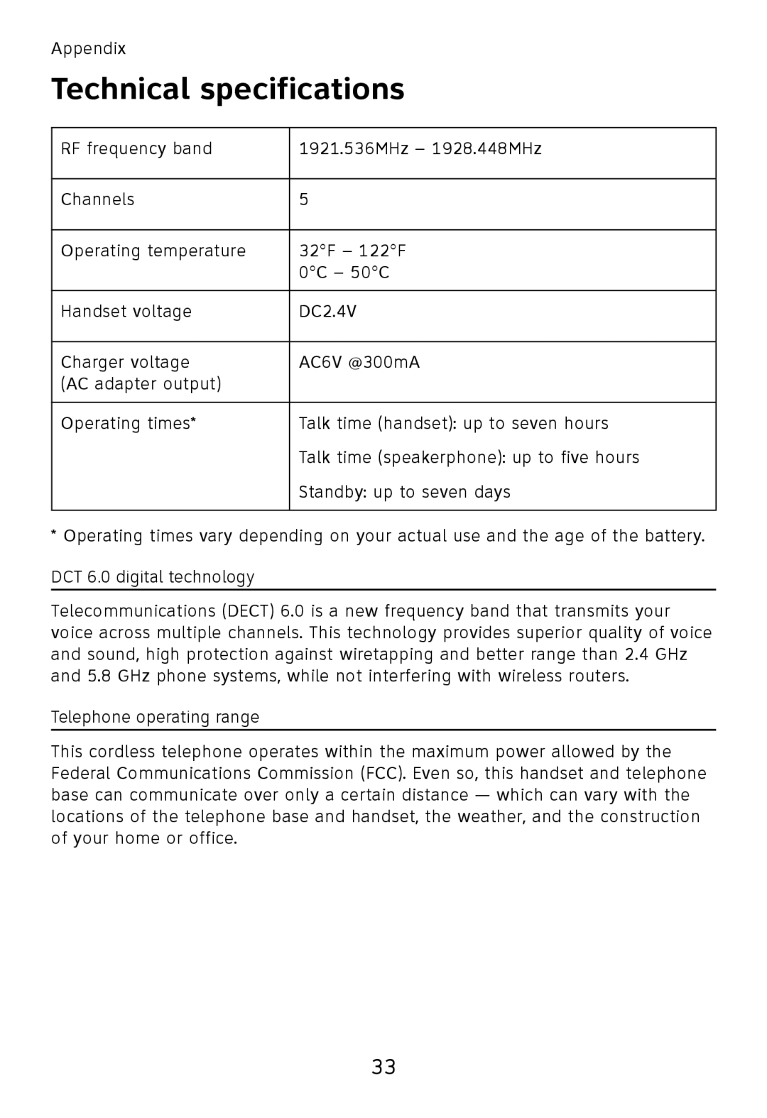 AT&T TL32100, TL32300, TL32200, TL30100 Technical specifications, Dect 6.0 digital technology, Telephone operating range 