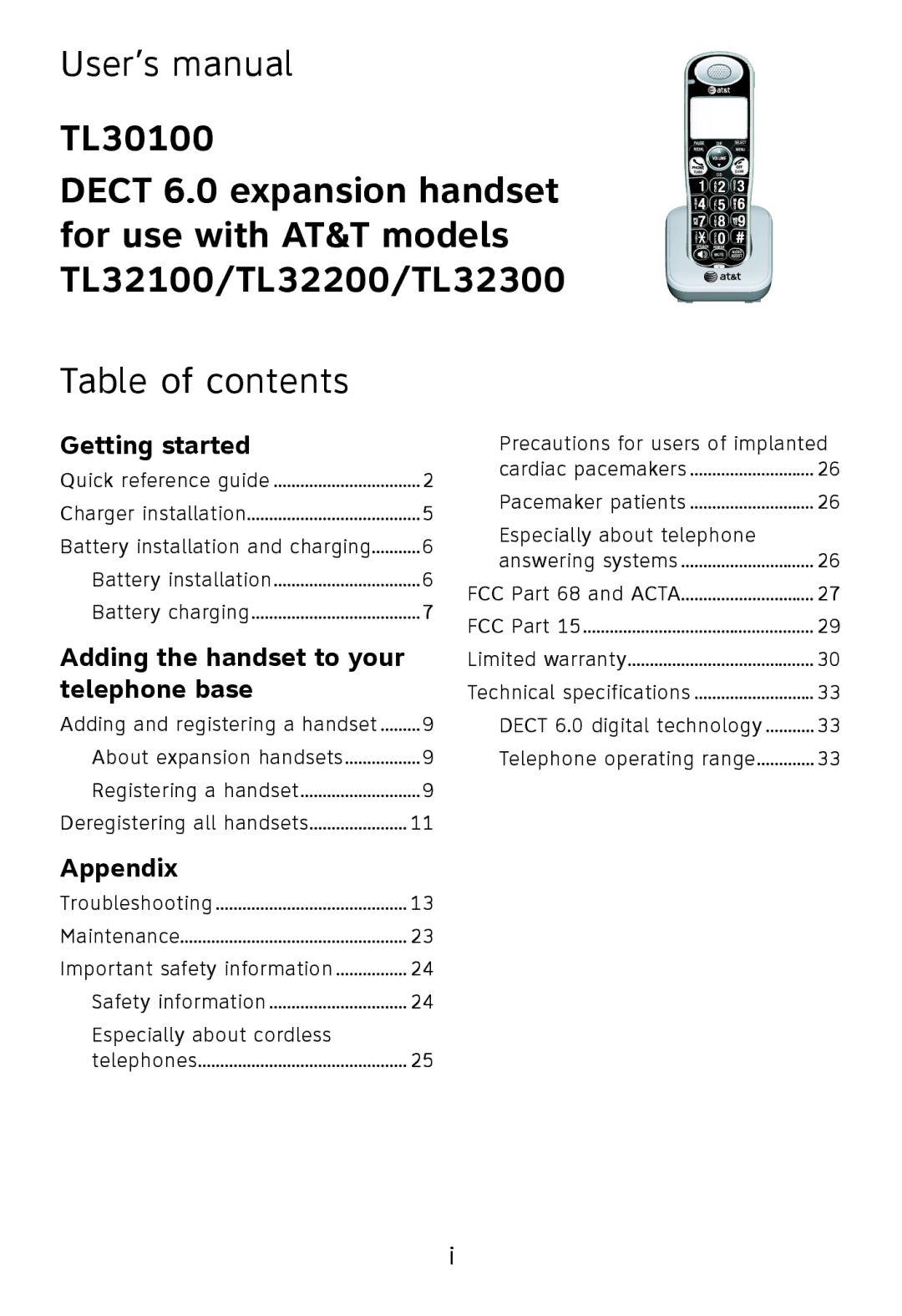 AT&T TL32300, TL32100, TL32200, TL30100 user manual User’s manual, Table of contents 