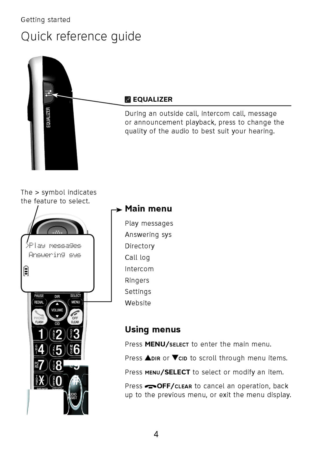 AT&T TL32300, TL32100, TL32200, TL30100 user manual Main menu, Using menus 