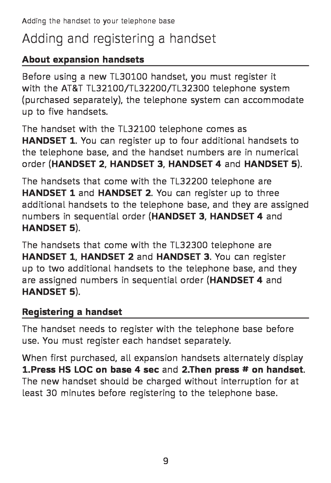 AT&T TL32100, TL32300, TL32200, TL30100 Adding and registering a handset, About expansion handsets, Registering a handset 