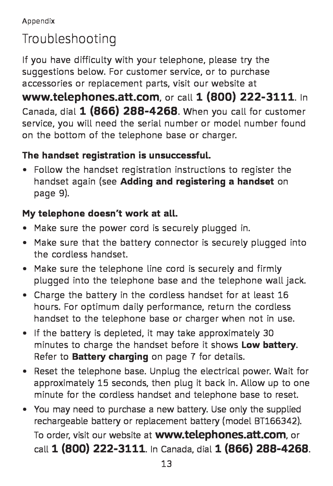 AT&T TL32100, TL32300, TL32200 Troubleshooting, The handset registration is unsuccessful, My telephone doesn’t work at all 
