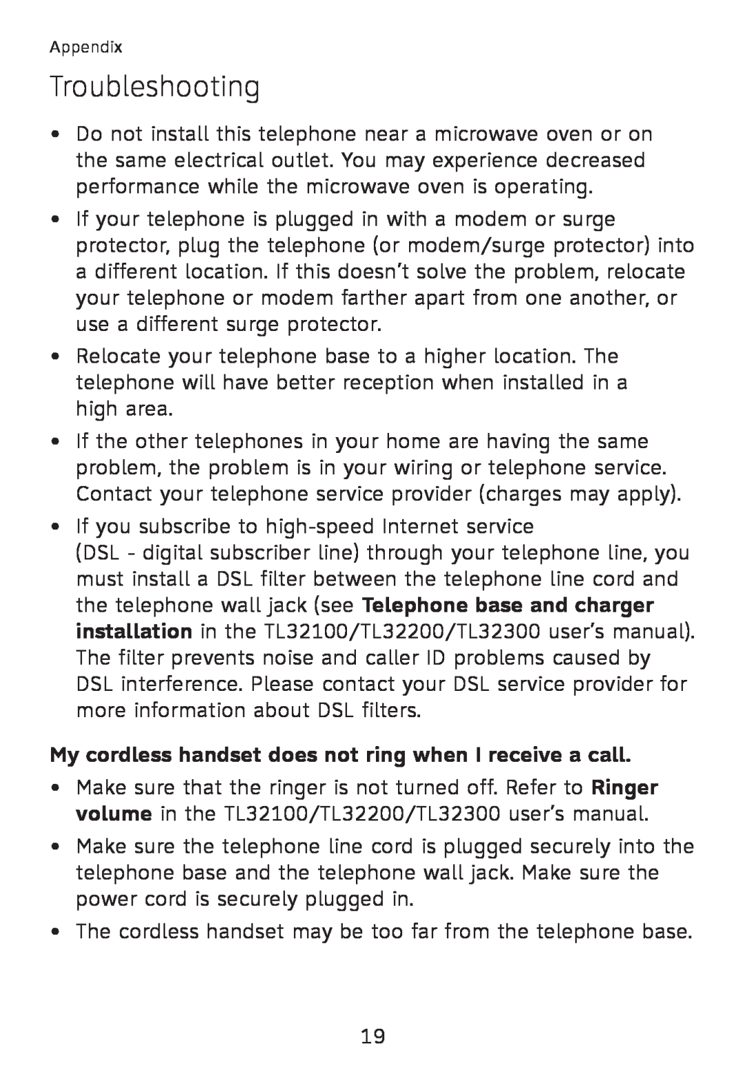AT&T TL30100, TL32300, TL32100, TL32200 user manual My cordless handset does not ring when I receive a call, Troubleshooting 