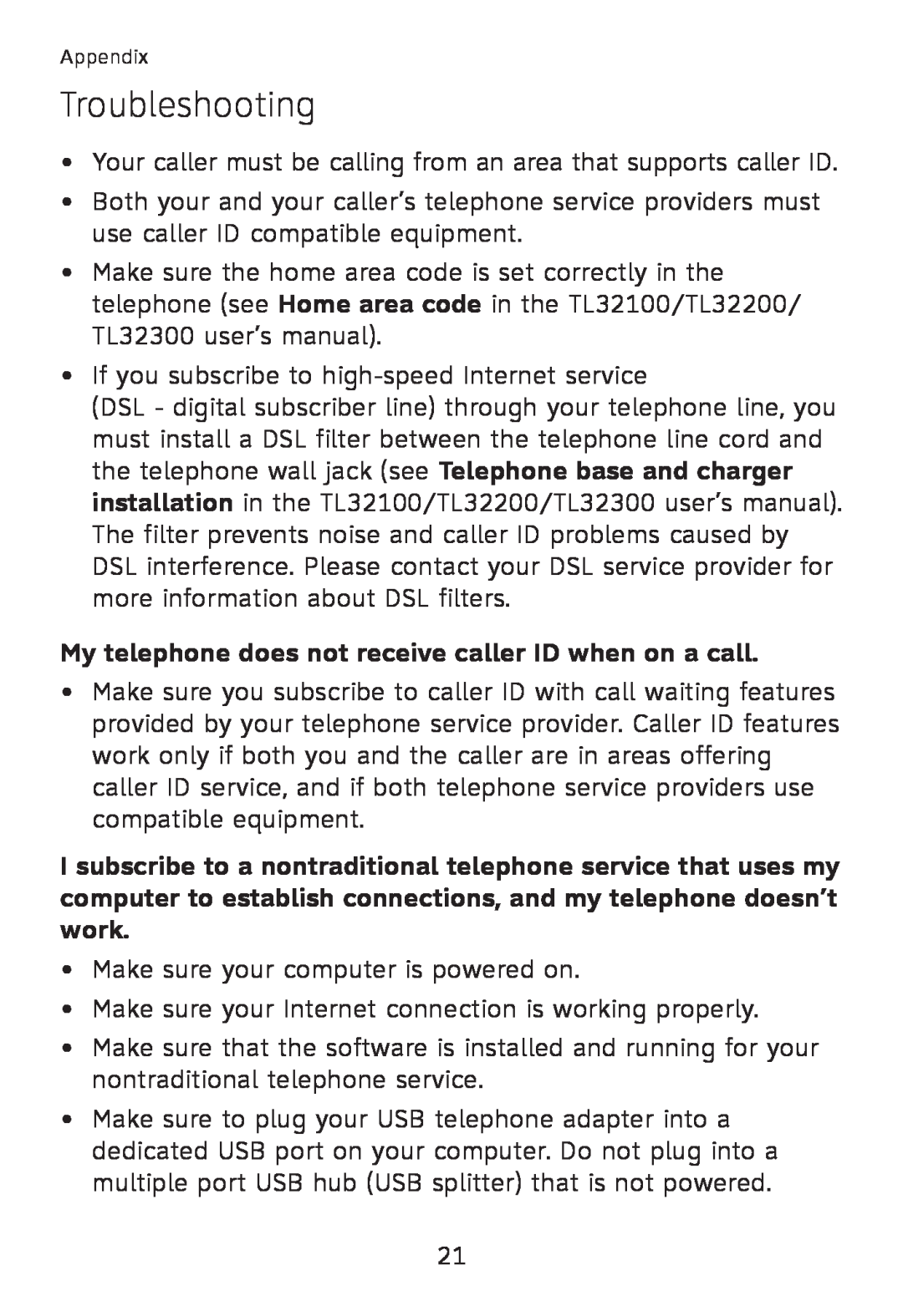 AT&T TL32100, TL32300, TL32200, TL30100 user manual My telephone does not receive caller ID when on a call, Troubleshooting 