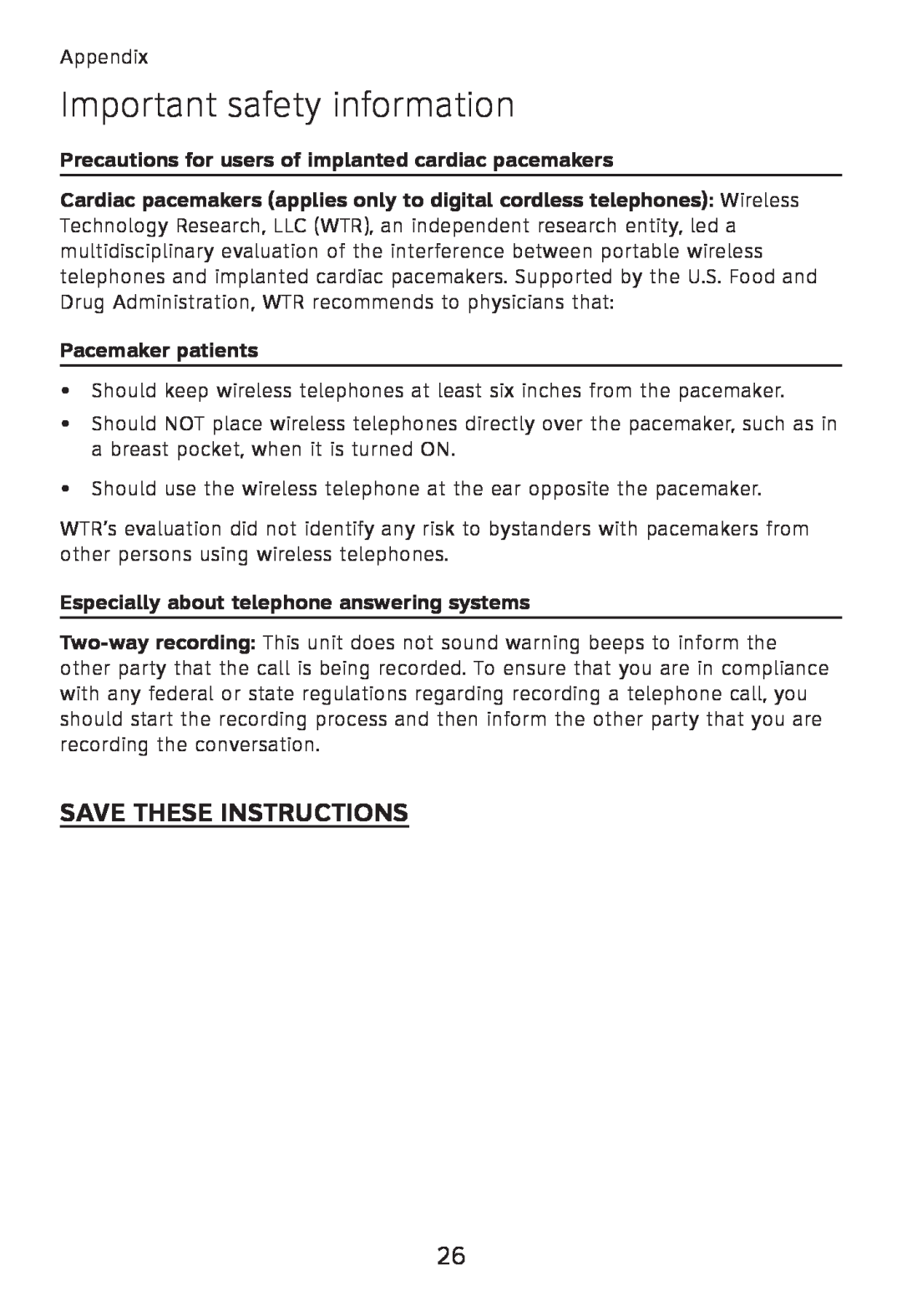 AT&T TL32200 Save These Instructions, Important safety information, Precautions for users of implanted cardiac pacemakers 