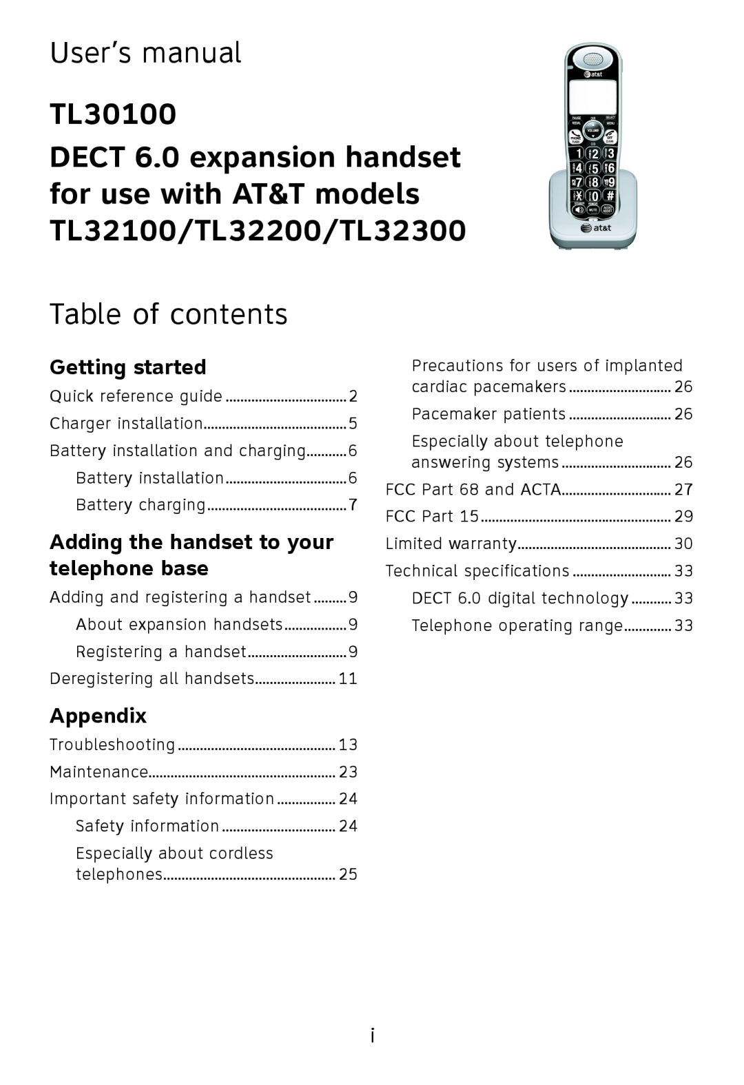 AT&T TL32300 Table of contents, Getting started, Adding the handset to your telephone base, User’s manual, TL30100 