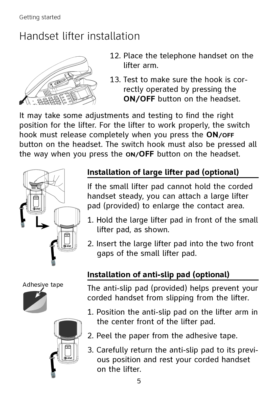 AT&T TL7000 user manual Installation of large lifter pad optional, Installation of anti-slip pad optional 