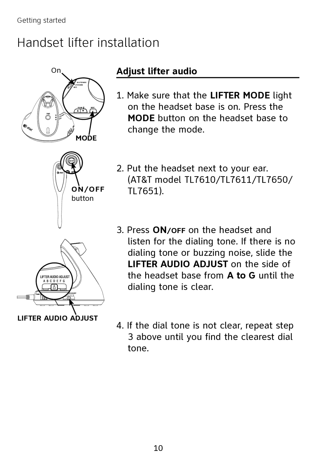 AT&T TL7000 user manual Adjust lifter audio 