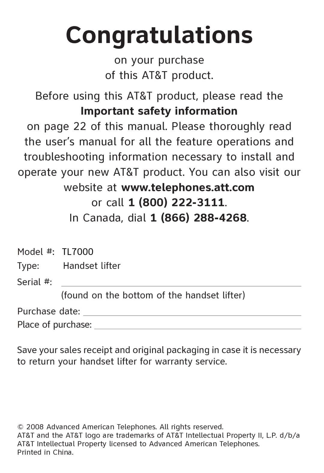 AT&T TL7000 user manual Congratulations 