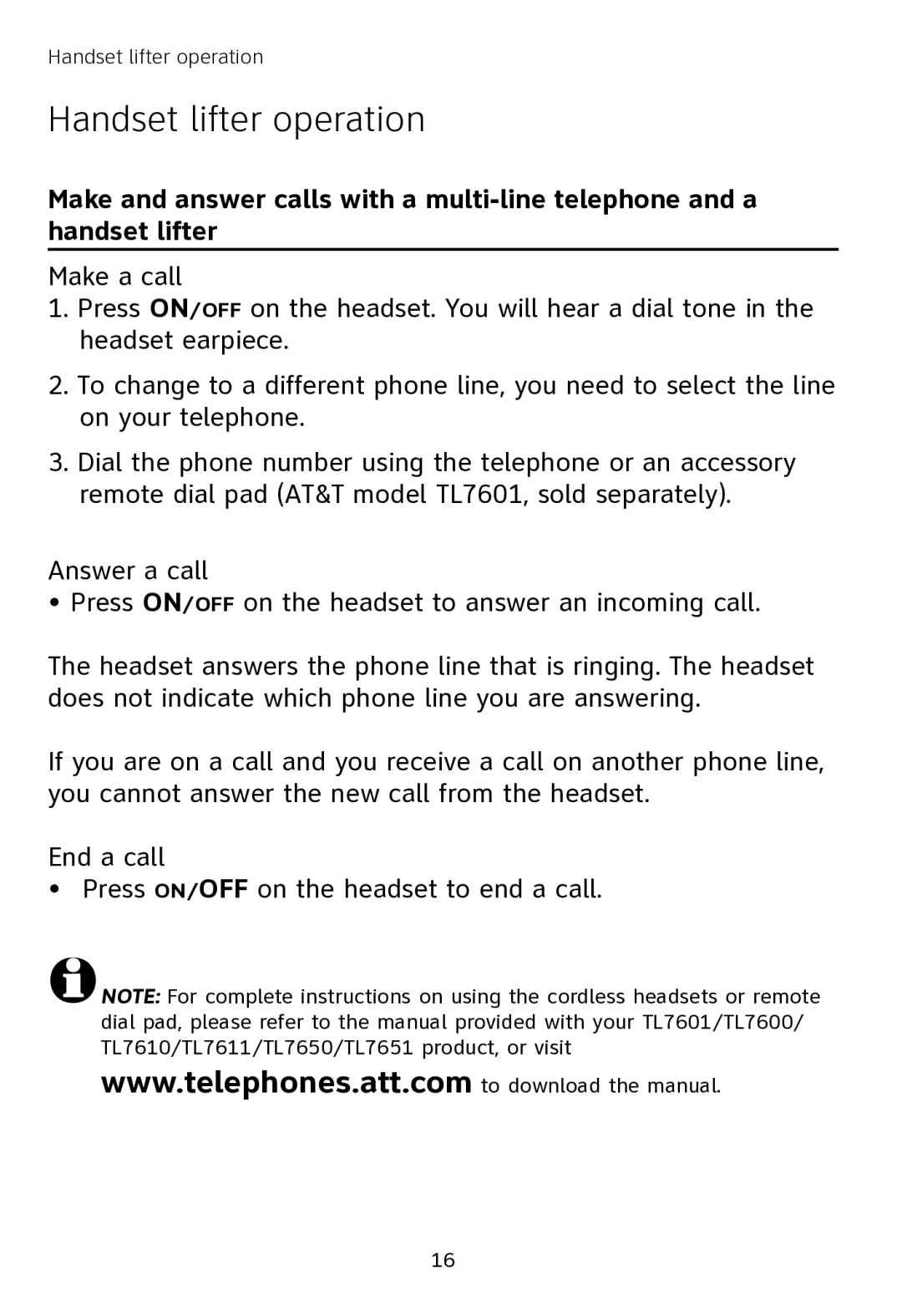 AT&T TL7000 user manual Handset lifter operation 