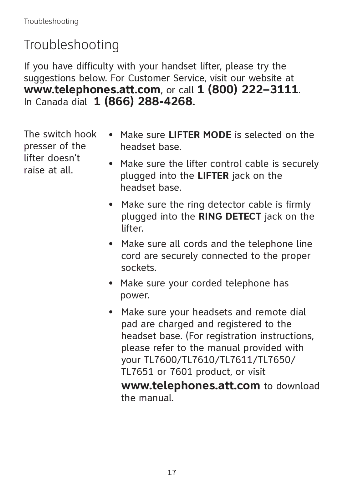 AT&T TL7000 user manual Troubleshooting 