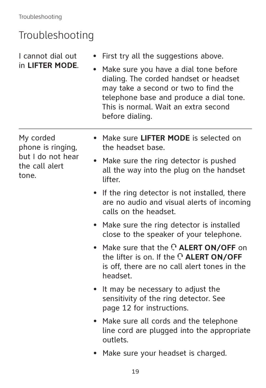 AT&T TL7000 user manual Cannot dial out in Lifter Mode 