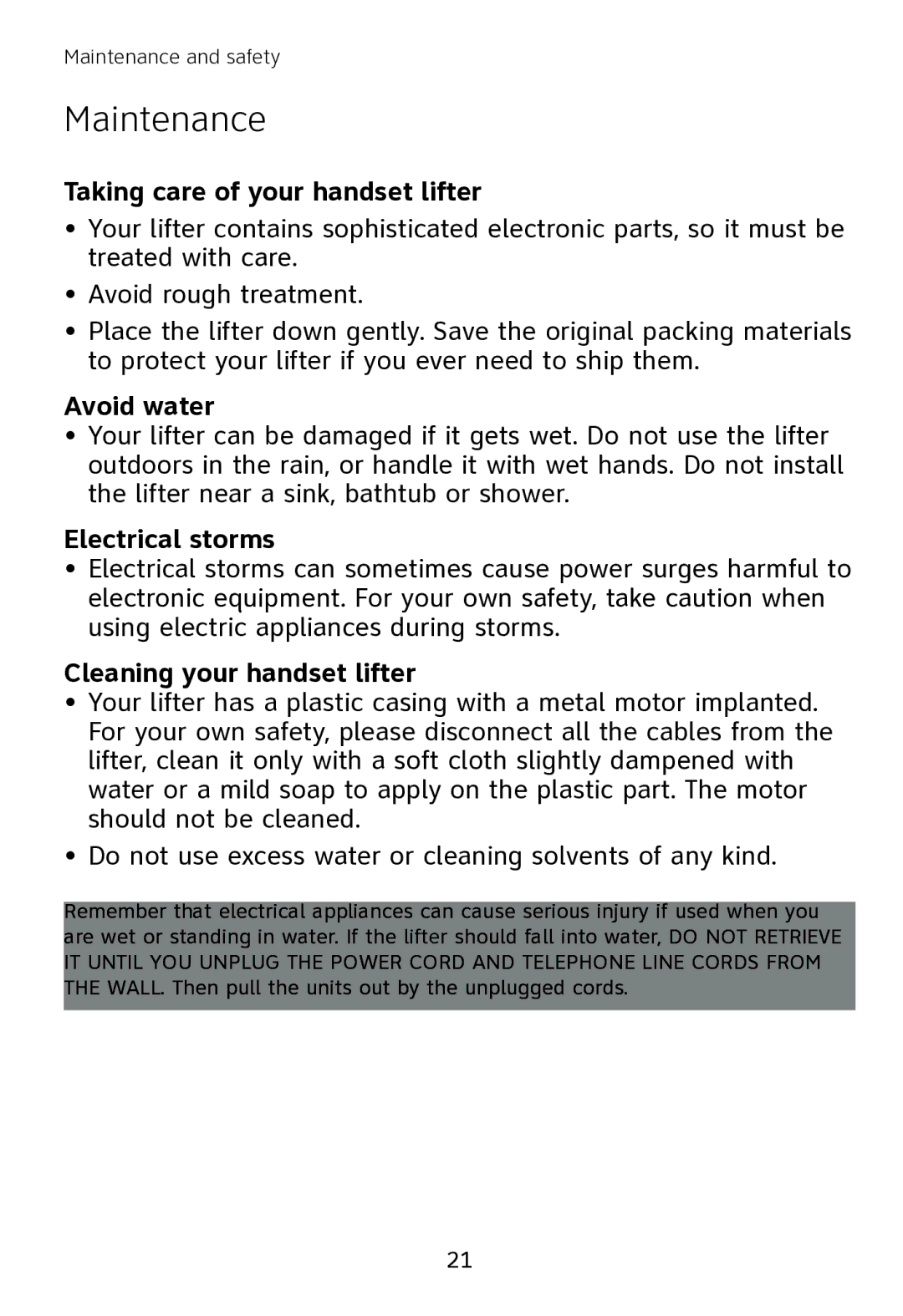 AT&T TL7000 Maintenance, Taking care of your handset lifter, Avoid water, Electrical storms, Cleaning your handset lifter 