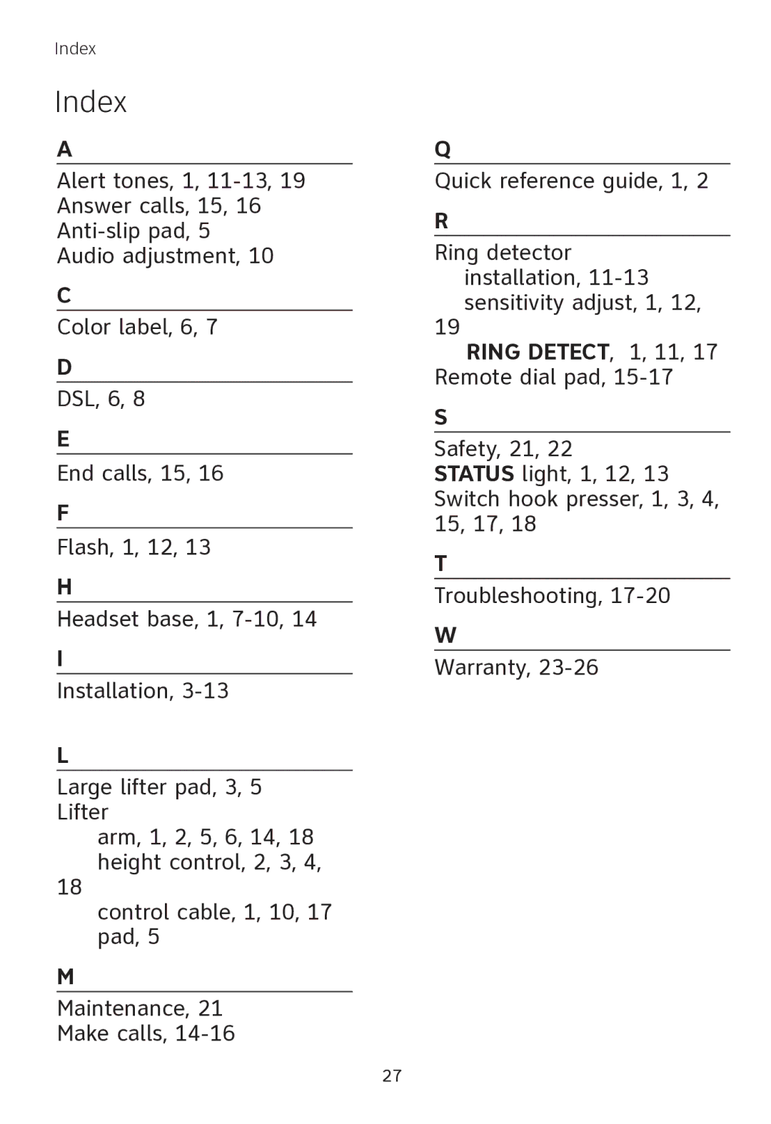 AT&T TL7000 user manual Index 