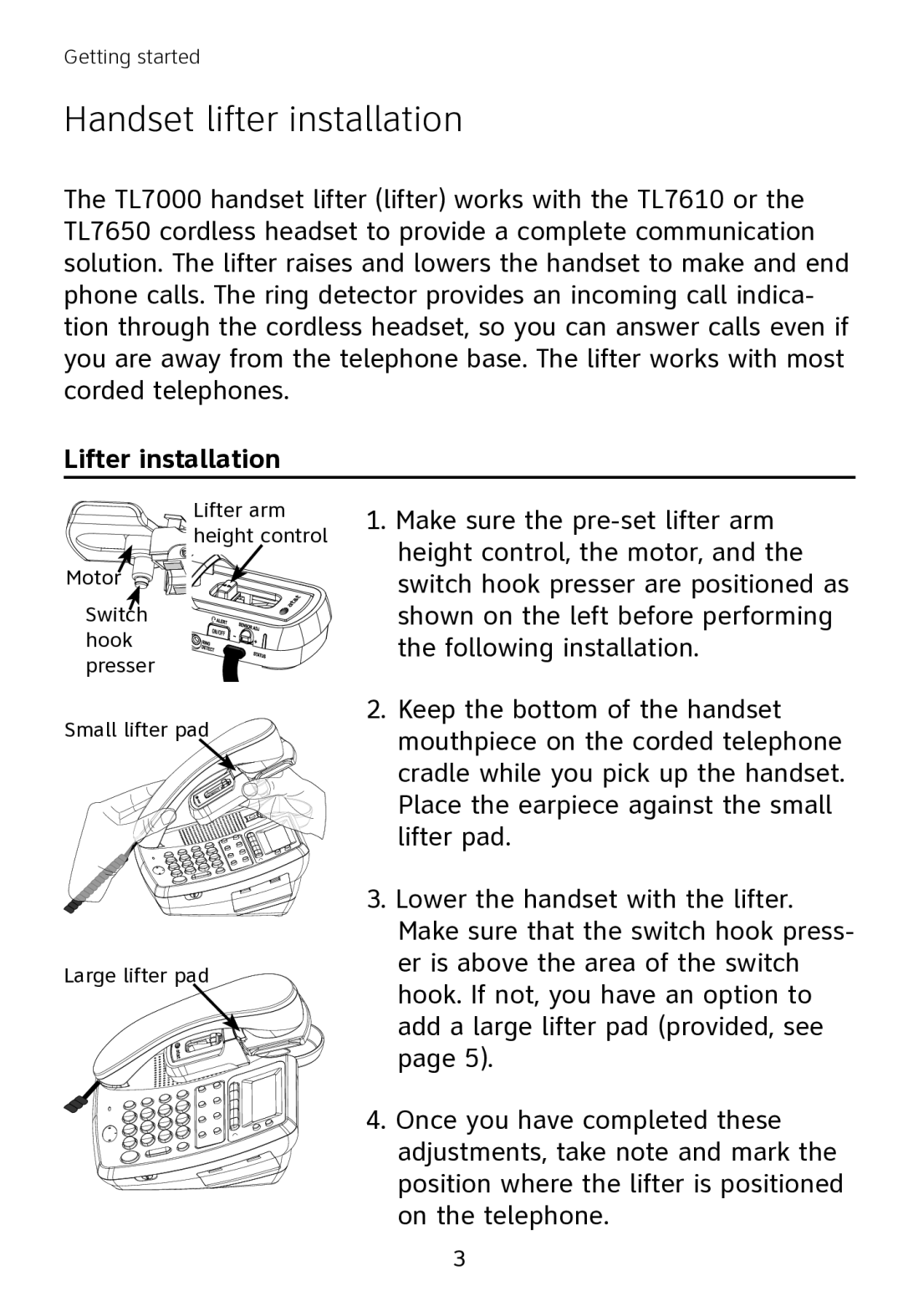 AT&T TL7000 user manual Handset lifter installation, Lifter installation 