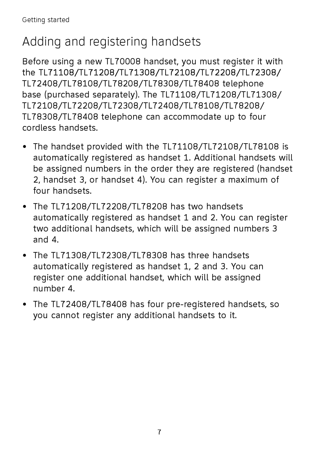 AT&T TL71208, TL71108, TL72108 user manual Adding and registering handsets 