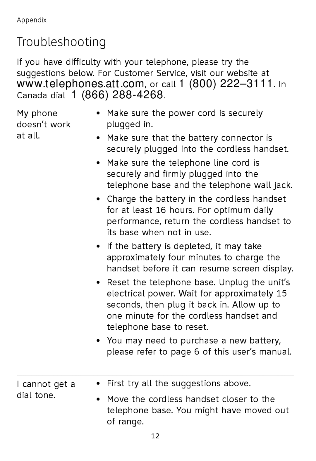 AT&T TL72108, TL71108, TL71208 user manual Troubleshooting 