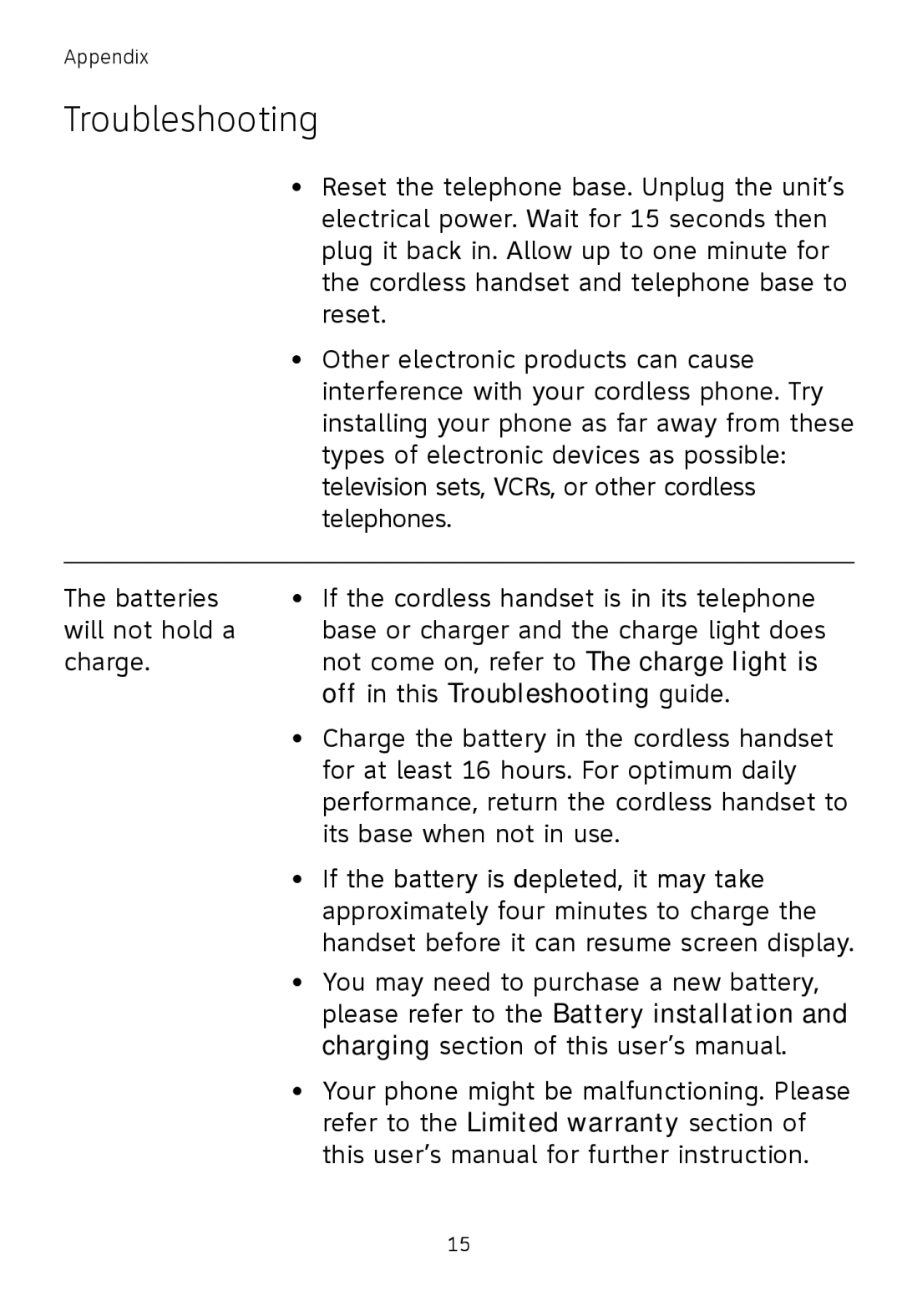 AT&T TL72108, TL71108, TL71208 user manual Off in this Troubleshooting guide, Please refer to the Battery installation 