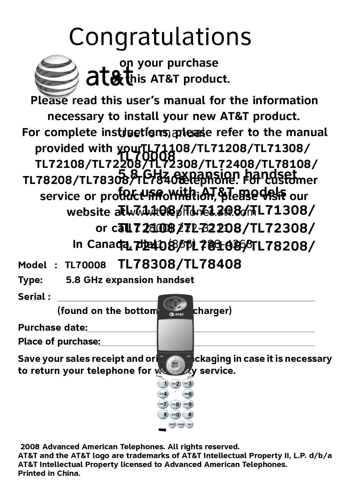 AT&T TL71208, TL71108, TL72108 user manual Congratulations 