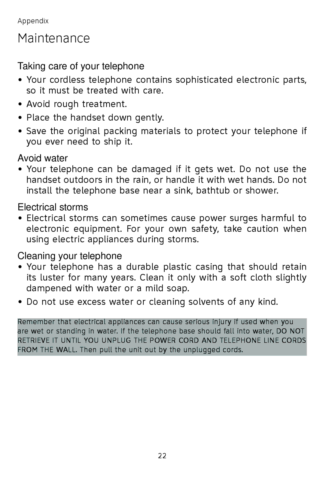 AT&T TL71208, TL71108 Maintenance, Taking care of your telephone, Avoid water, Electrical storms, Cleaning your telephone 