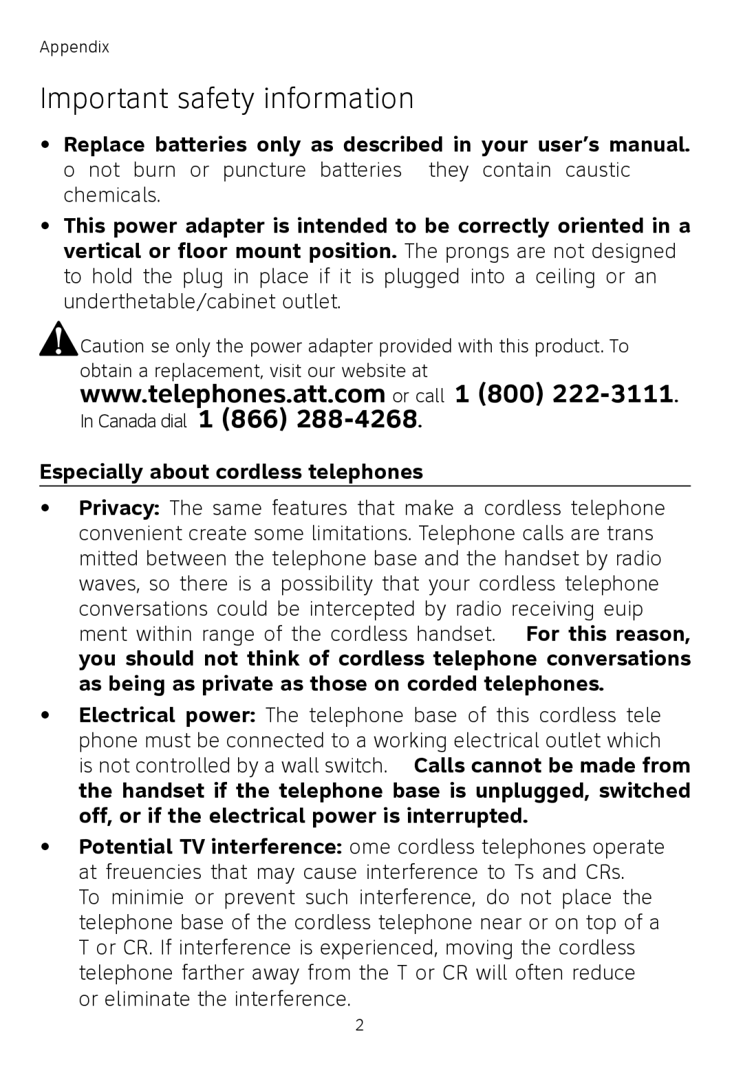 AT&T TL72108, TL71108, TL71208 user manual Important safety information 