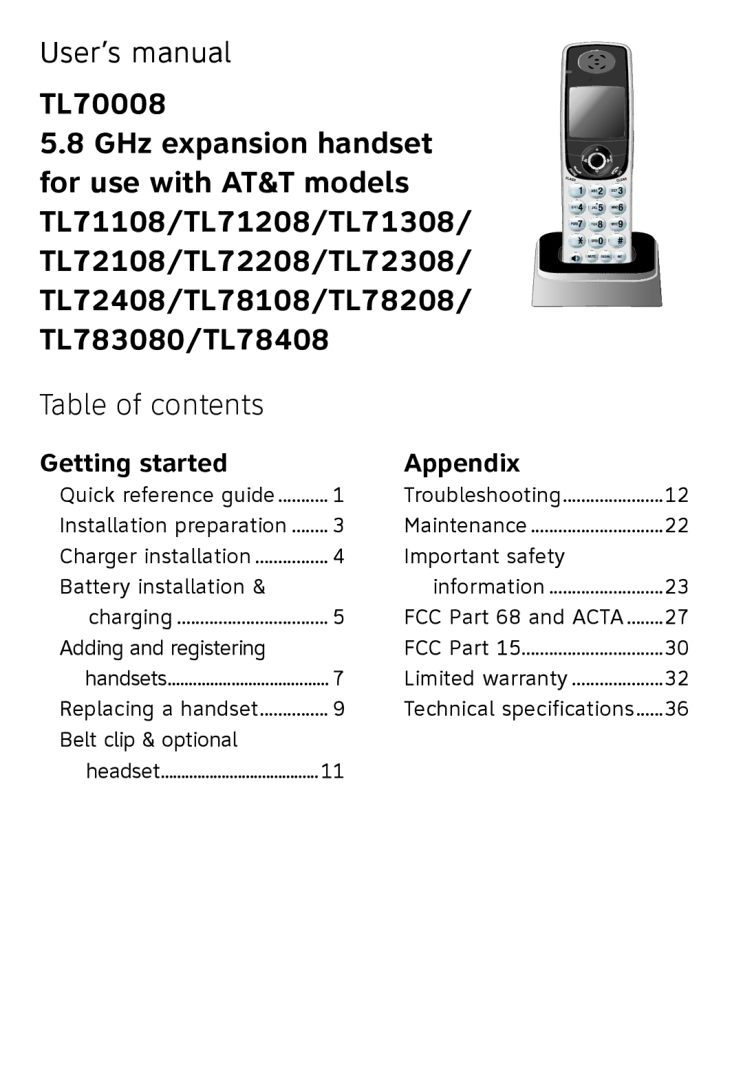 AT&T TL72108, TL71108, TL71208 user manual User’s manual, Table of contents 