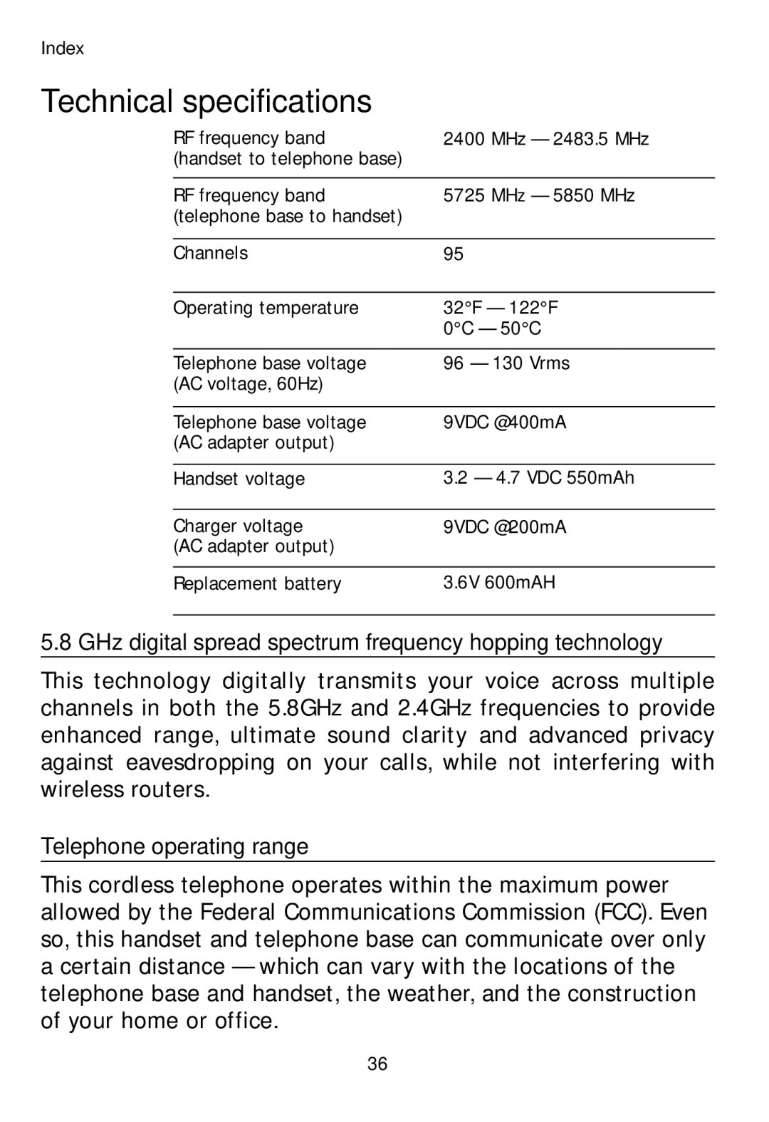 AT&T TL72108 Technical specifications, GHz digital spread spectrum frequency hopping technology, Telephone operating range 