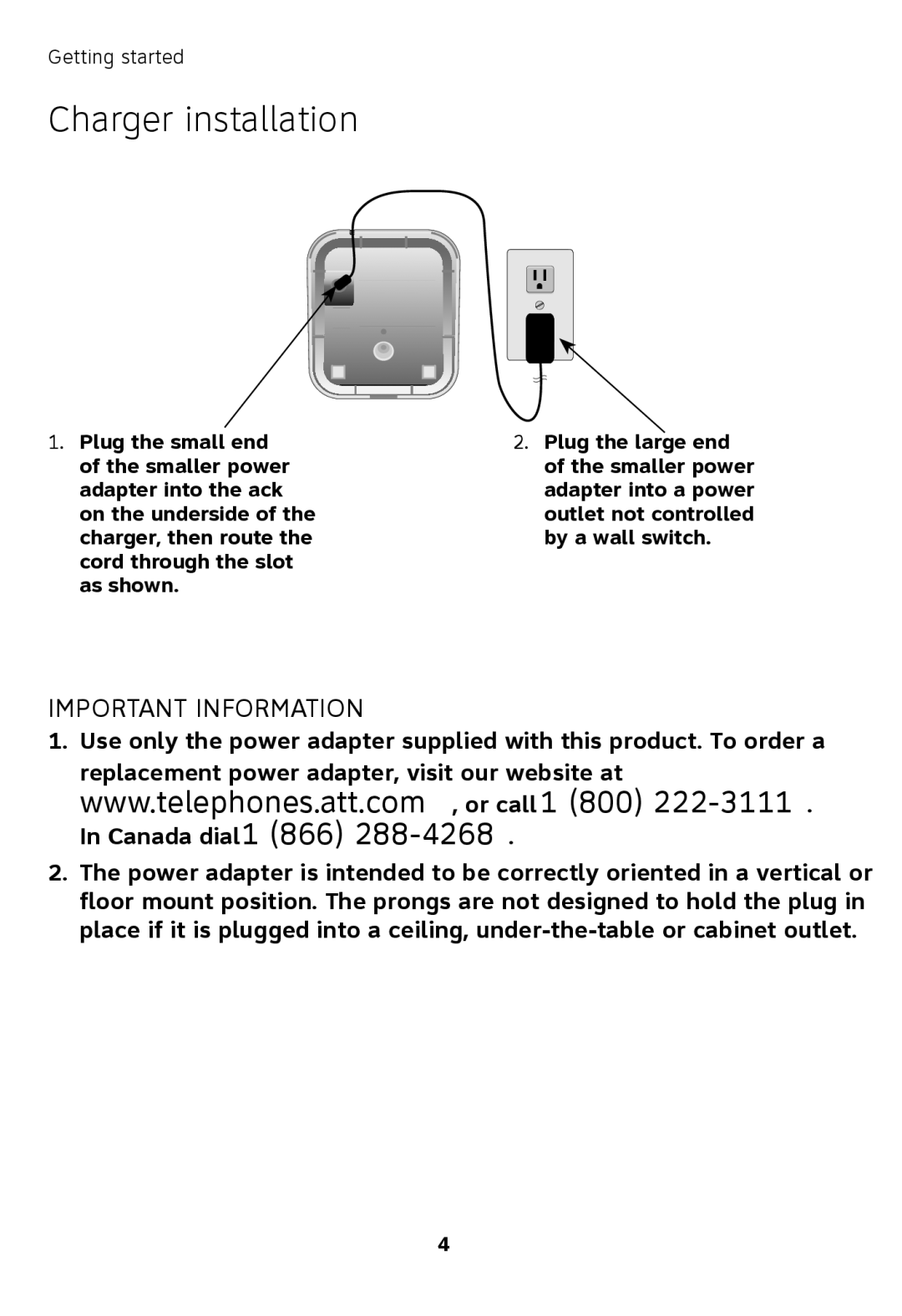 AT&T TL71208, TL71108, TL72108 user manual Charger installation, Important Information 