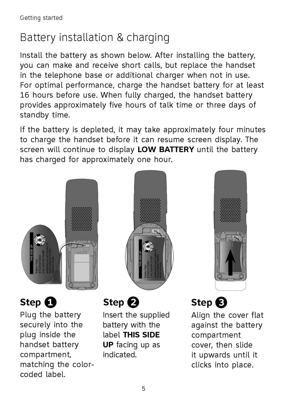 AT&T TL71108, TL72108, TL71208 user manual Battery installation & charging, Label this Side 